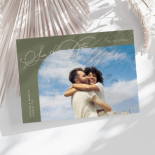 Elegant Script Sage Green Curved Frame Photo Save The Date