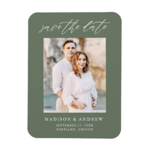 Elegant Script Sage Green Photo Save The Date Magnet