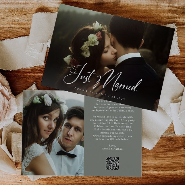 Elegant Script Sage Green | QR Code Just Married Invitation (Creator Uploaded)