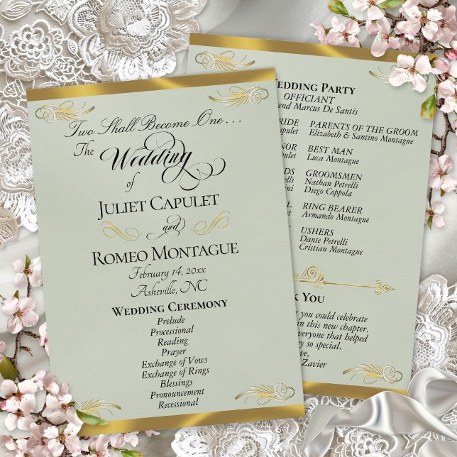 Elegant Script - Sage Pearl/Gold Wedding Program (Creator Uploaded)