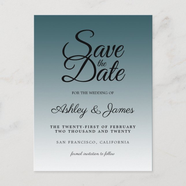 Elegant Script Save the Date Emerald Ombre Announcement Postcard (Front)