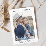 Elegant Script Save the Date Photo<br><div class="desc">Modern and Elegant Handwritten Script Portrait Vertical Photo Save the Date Wedding Card. The save the date invitation card includes a chic and stylish typography with a simple and minimalist design on a White background that you can add your customized engagement photograph picture to.</div>