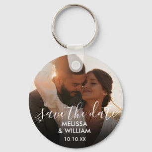 Elegant Script Save The Date Photo Keychain