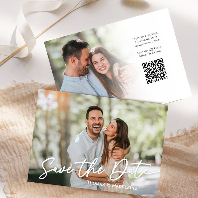 Elegant Script Save the Date Photo Wedding Invitation (Save the date photo card template with a scannable QR Code. )