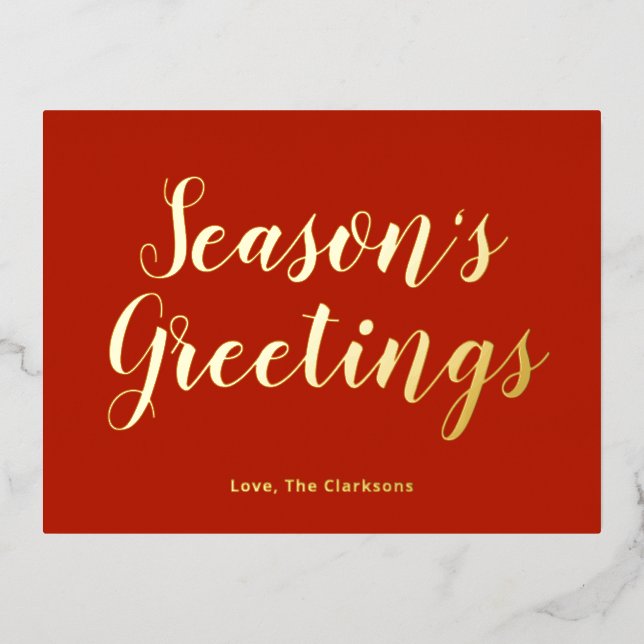 Elegant Script Season's Greetings Foil Holiday Postcard (Front)