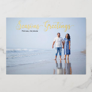 Elegant Script Seasons Greetings Personalized Foil Holiday Card