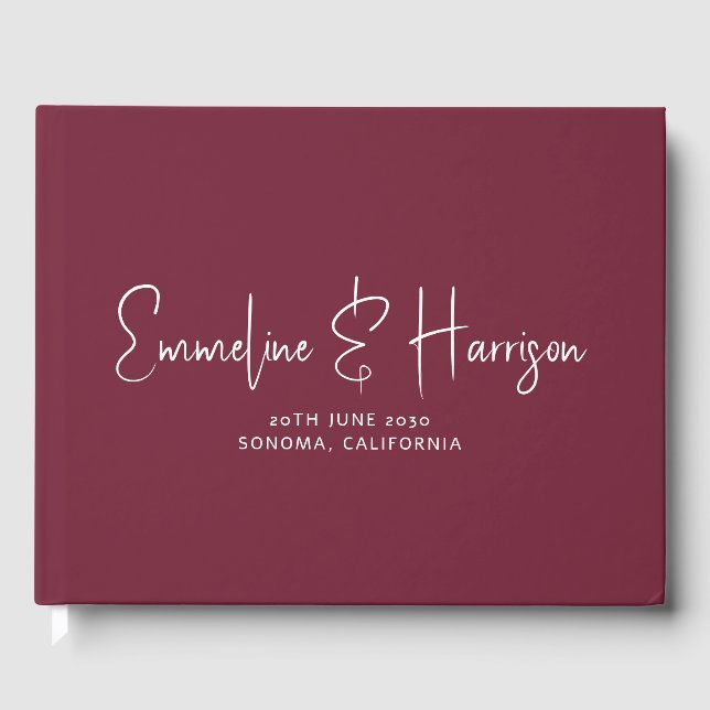 Elegant Script Serif Custom Burgundy Wedding Guest Book (Front)
