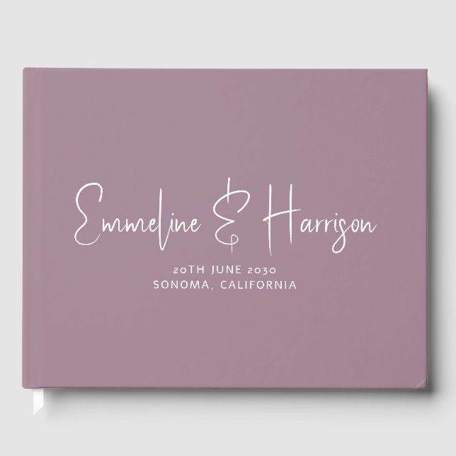 Elegant Script Serif Custom Dusty Purple Wedding Guest Book (Front)