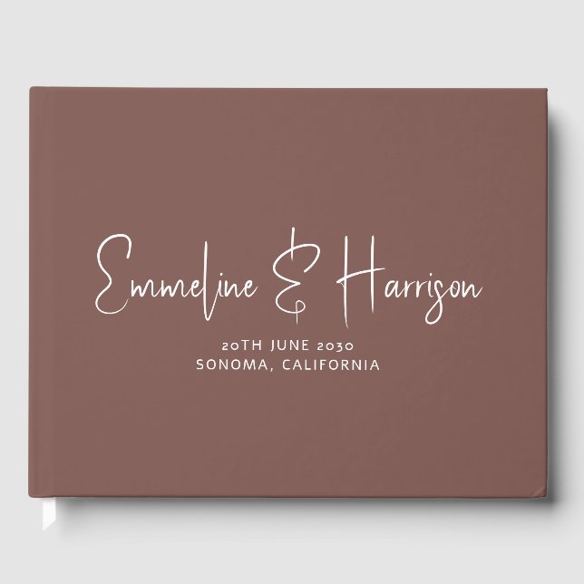 Elegant Script Serif Custom Espresso Wedding Guest Book (Front)