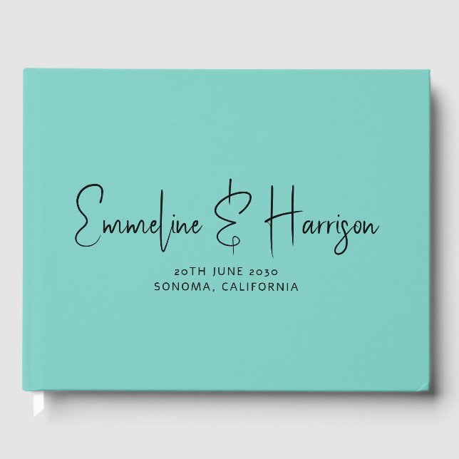 Elegant Script Serif Custom Light Teal Wedding Guest Book (Front)