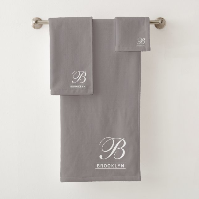 Elegant Script Serif Monogram Light Grey Bath Towel Set (Insitu)