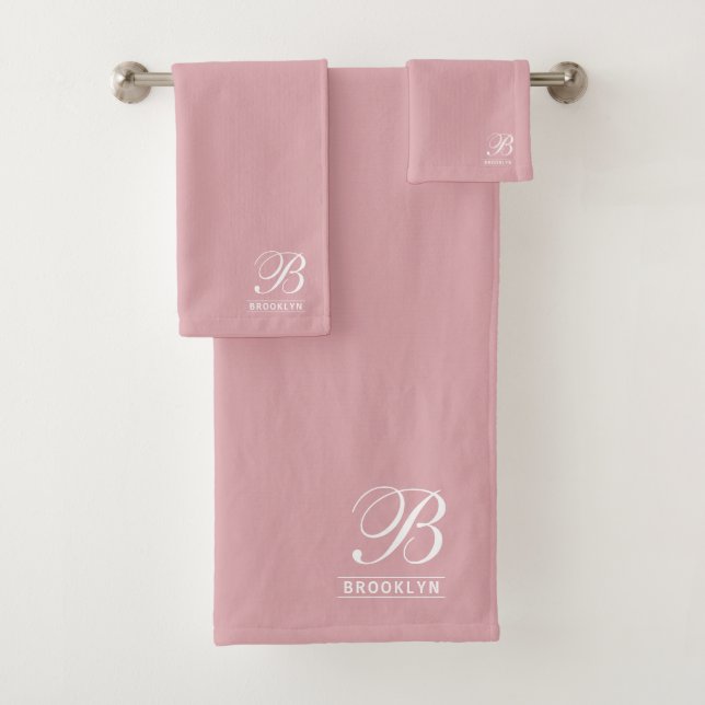 Elegant Script Serif Monogram Pink Bath Towel Set (Insitu)