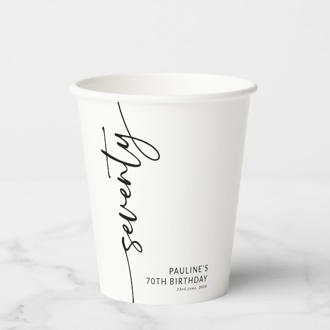Elegant Script Seventy 70th Birthday Paper Cups (Front)