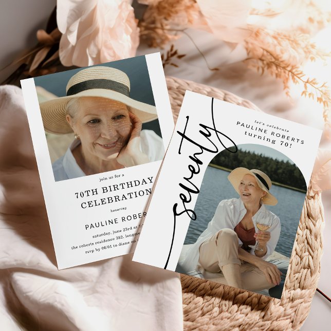 Elegant Script Seventy Arch Photo 70th Birthday Invitation (Creator Uploaded)