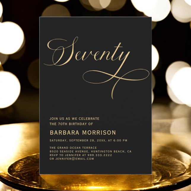 Elegant Script Seventy Black Gold 70th Birthday Invitation (Creator Uploaded)
