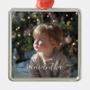 Elegant Script Signature Name Photo Metal Ornament