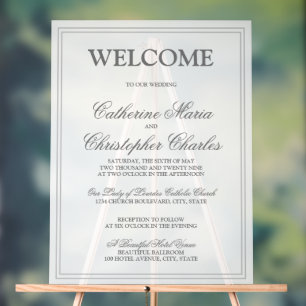 Elegant Script Silver Border Wedding Welcome Acrylic Sign