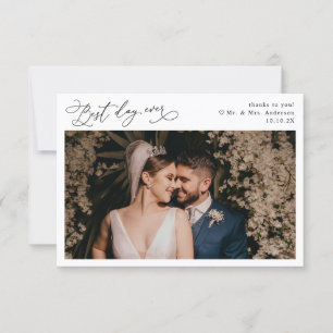 Elegant Script Simple Black & White Wedding Photo Thank You Card
