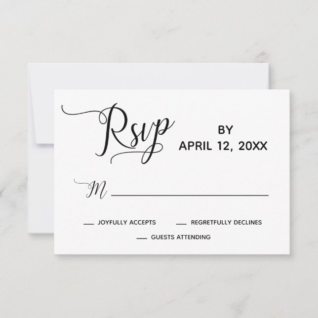 Elegant Script Simple Black White Wedding RSVP Card (Front)