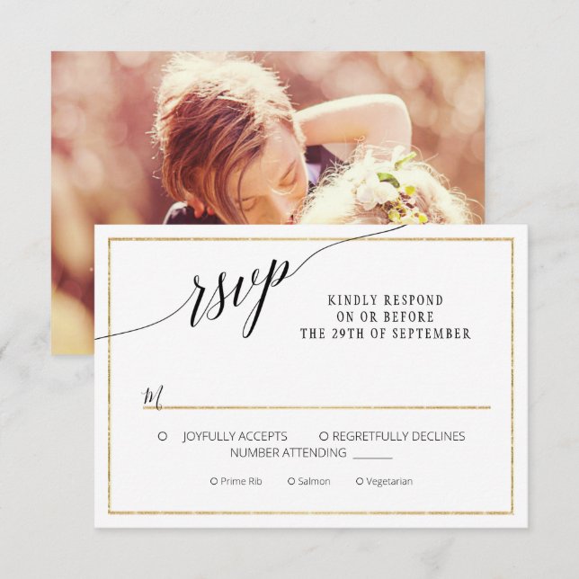 Elegant Script Simple Gold Minimal Wedding Photo RSVP Card (Front/Back)