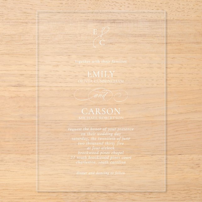 Elegant Script Simple Monogram Modern Wedding Acrylic Invitations (Front)