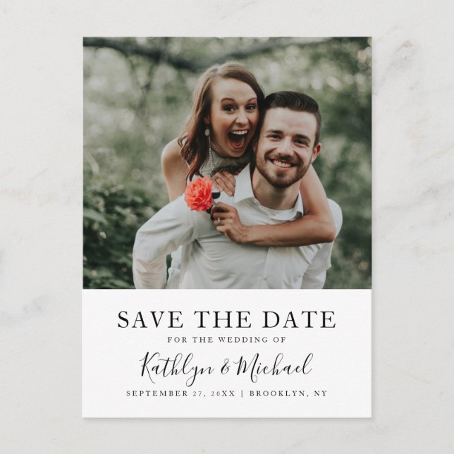 Elegant Script Simple Photo Wedding Save The Date Postcard (Front)