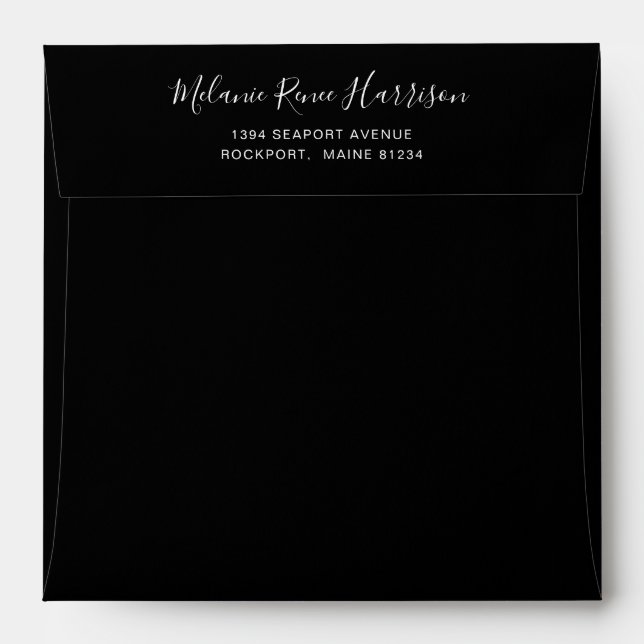 Elegant Script Simple Return Address Black Envelope (Back (Top Flap))