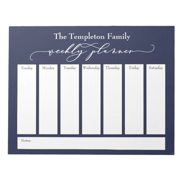Elegant Script Simple Weekly Planner, Navy Blue Notepad (Front)