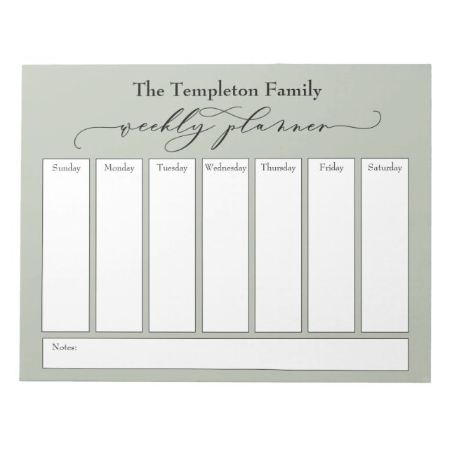 Elegant Script Simple Weekly Planner, Sage Green Notepad (Front)