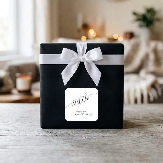 Elegant Script Sixtieth Birthday Celebration Square Sticker (Elegant Script Sixtieth Birthday Celebration Square Sticker)