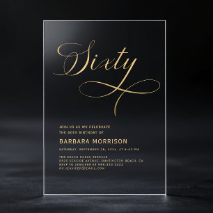 Elegant Script Sixty Black Gold 60th Birthday Acrylic Invitations
