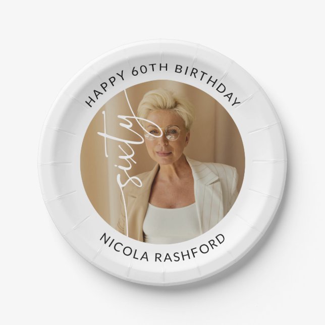 Elegant Script Sixty Photo 60th Birthday Paper Plate (Front)