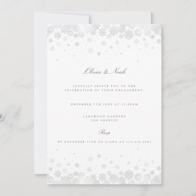 Elegant Script Snowflakes Engagement Invitation (Front)