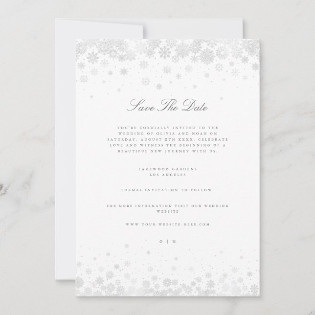 Elegant Script Snowflakes Save The Date Card  (Front)