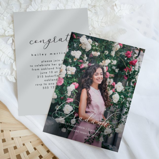 Elegant Script Soft Grey Graduation Party Photo Invitation (Creator Uploaded)