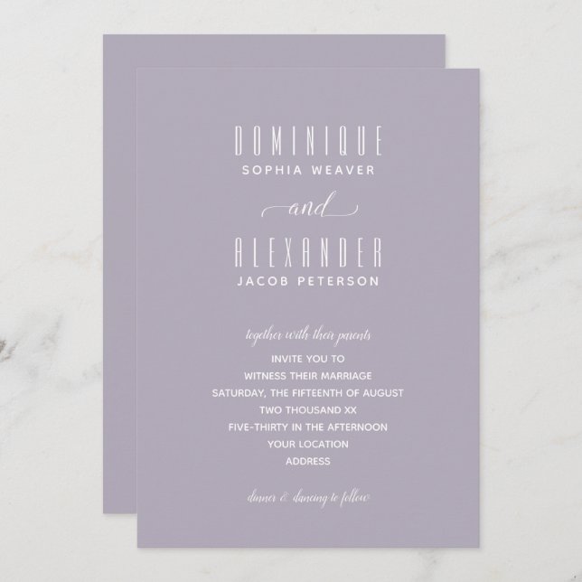 Élégant Script Soft Lilac Mariage Invitations (Devant / Derrière)