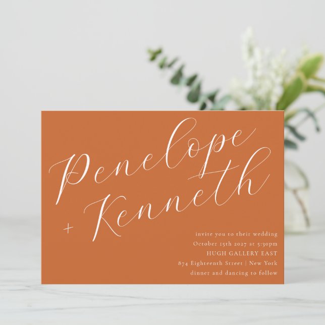 Elegant Script Stylish Wedding Warm Terracotta Invitation (Standing Front)