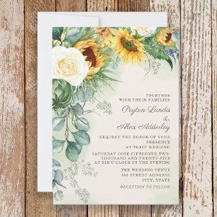 Elegant Script Sunflowers Eucalyptus Wedding Invitation