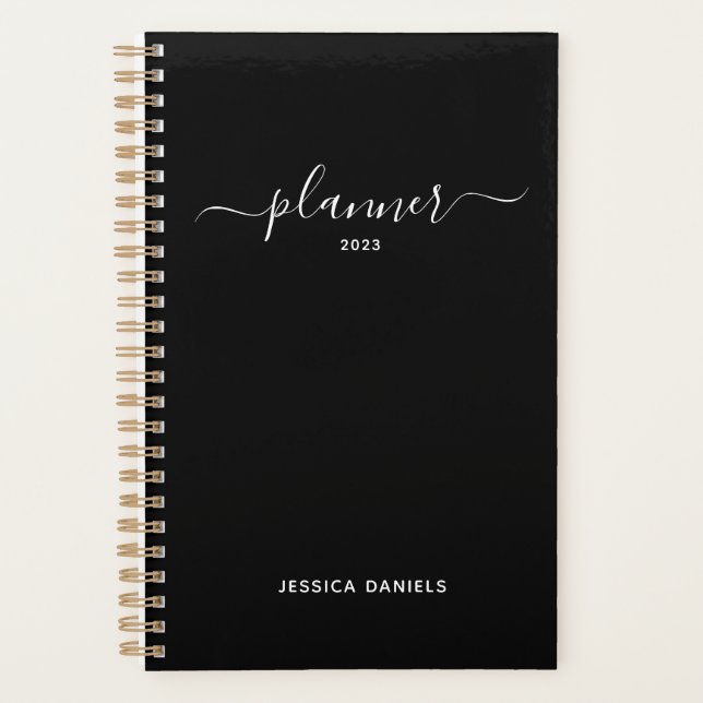 Elegant Script Swashes Weekly Monthly Black  Plann Planner (Front)