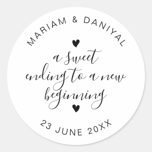 Elegant Script Sweet Ending Wedding Favour Large Classic Round Sticker (Front)