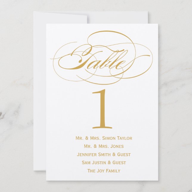 Elegant Script Table Number with Guests - Gold (Front)