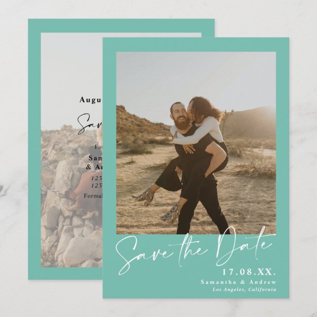 Elegant script teal aqua 2 photos save the date (Front/Back)