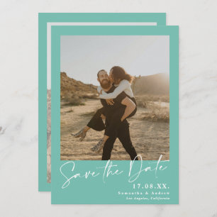 Elegant script teal aqua 2 photos save the date