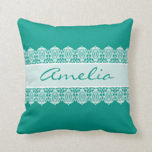 Elegant Script - Teal Lace Monogram Throw Pillow