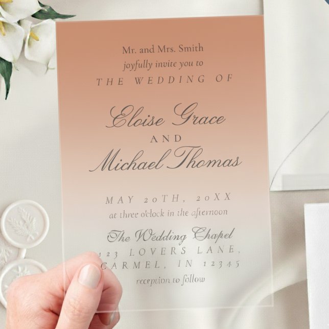 Elegant Script Terracotta Gradient Wedding Acrylic Invitations (Invite guests to your big day with this Elegant Script Gradient Wedding Acrylic Invitation!)
