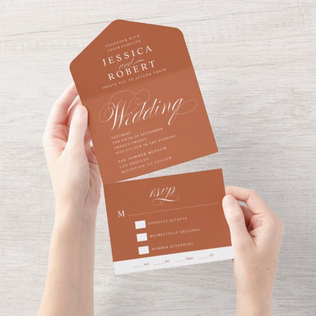 Elegant Script Terracotta Rust Calligraphy Wedding All In One Invitation (Tearaway)
