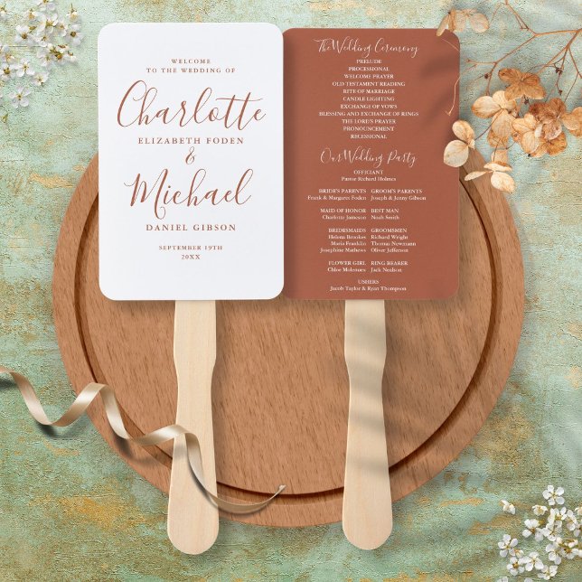 Elegant Script Terracotta Wedding Program Hand Fan (Elegant Script Terracotta Wedding Program Hand Fan)