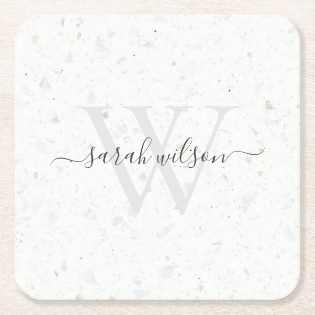 Elegant Script Terrazzo Stone Ivory Grey Monogram  Square Paper Coaster (Front)