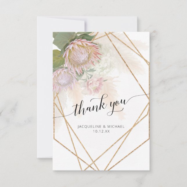 Elegant Script Thank You Modern Geometric Floral Card (Front)