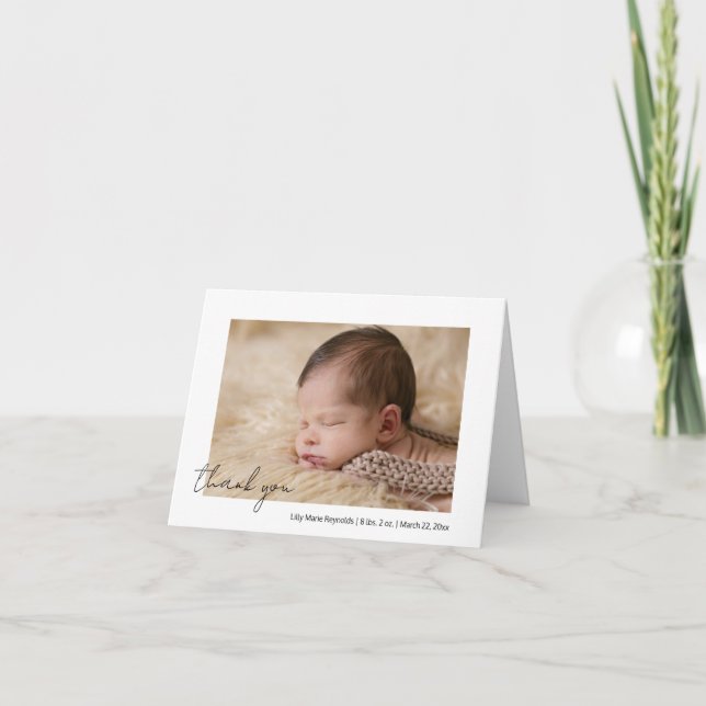 Elegant Script Thank You Photo Birth Announcement (Front)